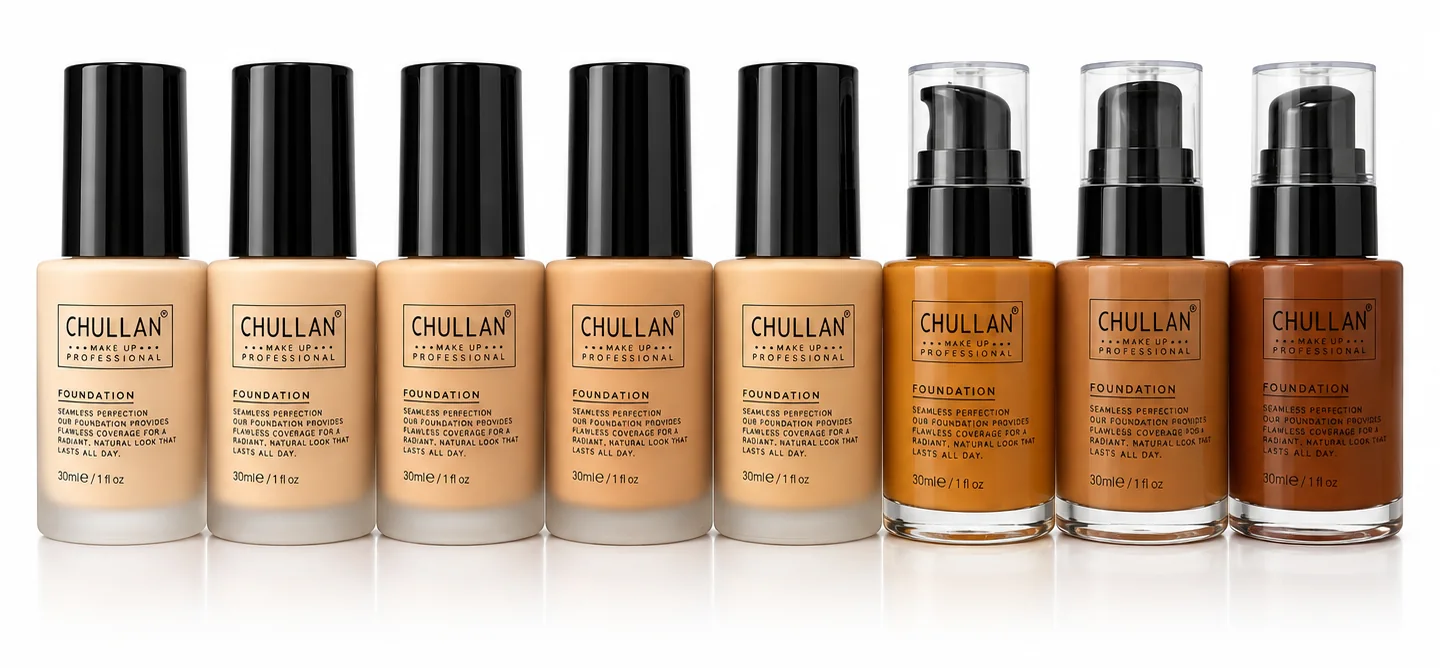 All eight Chullan foundation shades in a row, from the five light Pro Glow bottles to the three deep Professional Base bottles